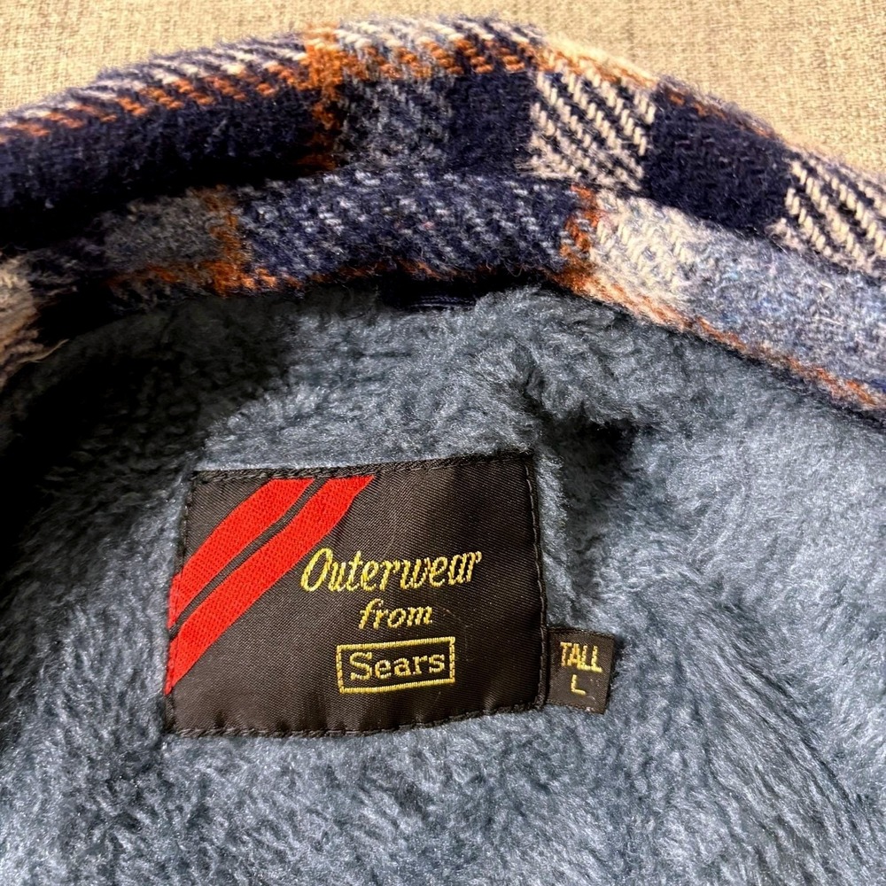 Vintage 70s Sears Shacket Men Large Plaid Flannel Lined Sherpa Faux Fur - Picture 7 of 8